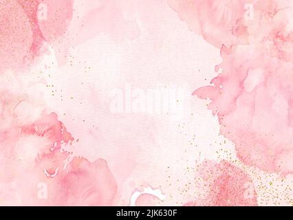 Peach, light pink with gold stripes  watercolor, ink, abstract backround texture. Copy space for banner, poster, backdrop for text, textures design ar Stock Photo