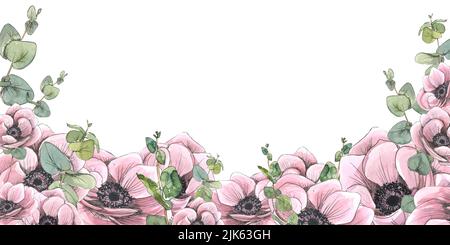 Horizontal board with pink flowers, anemones and eucalyptus twigs. Watercolor illustration with sketch-style graphic elements. A banner from a large Stock Photo