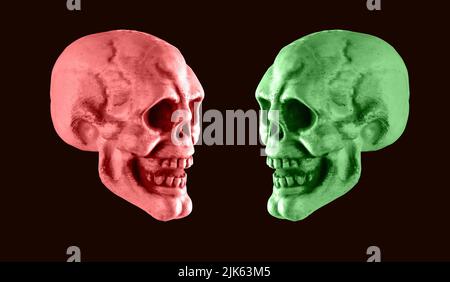 Pink and green skulls on black background. Halloween holiday or human duality concept. Contrast concept. Opposites. High quality photo Stock Photo