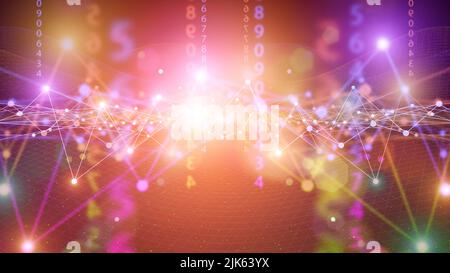 3d technology digital background. Abstract neon cyber lines and grid on color futuristic backdrop. Data, network, science, internet concept. High quality photo Stock Photo