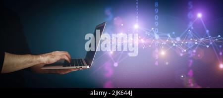 Big data technology background. Using a laptop against the background of visualization of a computer internet network, social connection, analytics, information. High quality photo Stock Photo