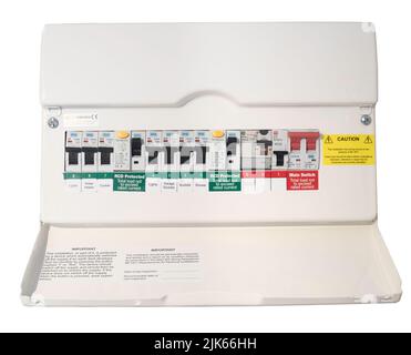 A modern metal bodied BG domestic consumer unit or distribution board to BS EN 61439-3, isolated on a white background. Stock Photo