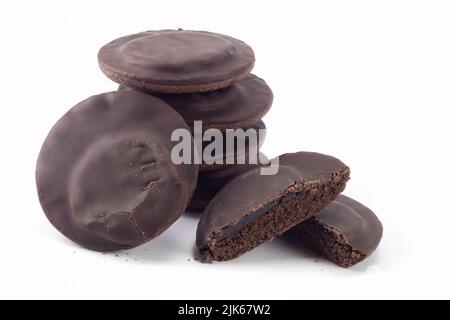 Chocolate cookies with jelly isolated on bright background. Close up view. Stock Photo