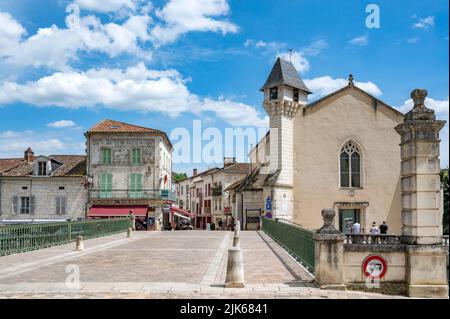 View of the Dronne river boardering the town hall (Mairie) of Brantôme en Périgord in the former abbey of Saint-Pierre, France Stock Photo