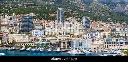 Monaco, Monte-Carlo, France - July 23, 2011 : Panorama of northern side of Monaco Harbor up against the hillside. Stock Photo