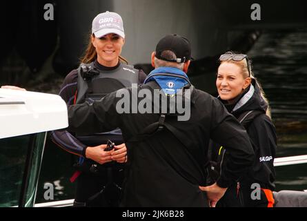 The Duchess of Cambridge joins the 1851 Trust and the Great Britain SailGP team during a visit to the Great Britain Sail Grand Prix in Plymouth. Picture date: Sunday July 31, 2022. Stock Photo