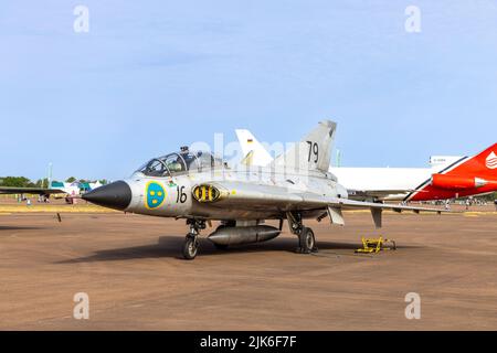 Swedish Air Force Historic Flight - SAAB Sk35C Draken on static display at the Royal International Air Tattoo 2022 Stock Photo