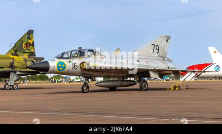 Swedish Air Force Historic Flight - SAAB Sk35C Draken on static display at the Royal International Air Tattoo 2022 Stock Photo