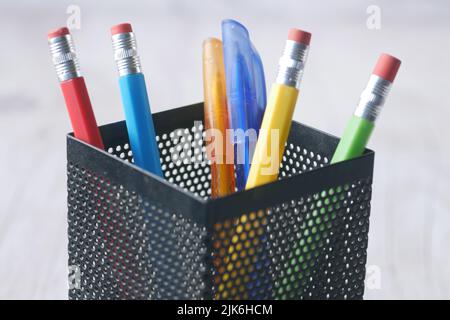 Group of color pencils on table with copy space. Stock Photo