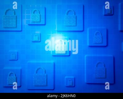 Cyber security concept. Internet cyber personal data secure background. Digital tech padlock icon shining on the blue tone of network global security Stock Photo