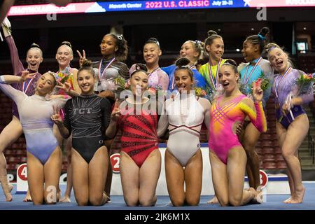 Utah, USA. 30th July, 2022. July 30, 2022: After the competition finished at the 2022 U.S. Classic Senior Women's event, the gymnasts let out some steam and relaxed by pulling fun faces in this photo opp. Back row, from left to right: Nola Matthews, Marissa Neal, Shilese Jones, Leanne Wong, Katelyn Johnson, Brooke Pierson, Lauren Little, Joscelyn Roberson. Front row, from left to right: Charlotte Booth, Levi Jung-Ruivivar, Ciena Alipio, Addison Fatta, Amelia Disidore. Melissa J. Perenson/CSM Credit: Cal Sport Media/Alamy Live News Stock Photo