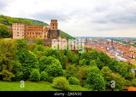 Aerial view of Heidelberg city, Baden-Wurttemberg state, Germany. Ruins of Heidelberg Castle (German: Heidelberger Schloss) Stock Photo