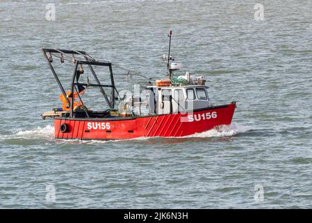 Fishing vessel SU156 Audacity coming in towards base at Leigh on Sea on the Thames Estuary, passing Southend on Sea, Essex, UK. Small working boat Stock Photo