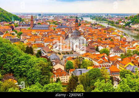 Skyline aerial view of Heidelberg city, Baden-Wurttemberg state, Germany. Old town (German: Altstadt) on a foreground, Neckar river on a background Stock Photo