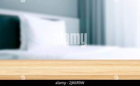 Montage tabletop with free space for designer ideas. Wooden table, shelf in a hotel room. Stock Photo