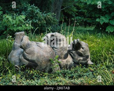 Wooden carving of a bear laying on its back in the woods in Kingsville Missouri Stock Photo