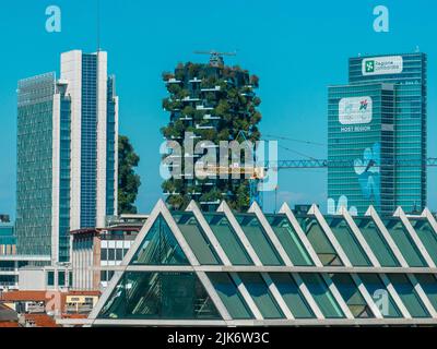 Aerial view of the new center of Milan, skyscrapers around Piazza Gae Aulenti.Palazzo Lombardia and Bosco Verticale. Pyramid roof. italy Stock Photo