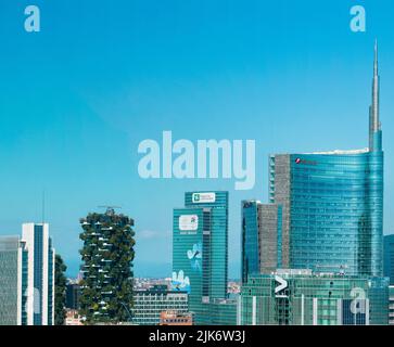 Aerial view of the new center of Milan, skyscrapers around Piazza Gae Aulenti. Unicredit Tower, Palazzo Lombardia and Bosco Verticale. Italy Stock Photo