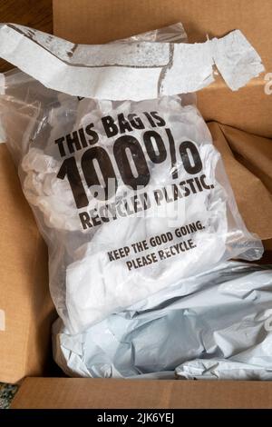 This bag is 100% recycled plastic, USA  2022 Stock Photo