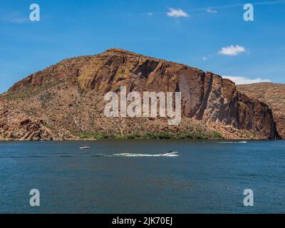 The beautiful reservoir known as Canyon Lake is a boaters paradise near Phoenix Arizona with shear rock walls, beautiful water and lots of animals Stock Photo