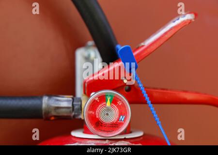 Minas Gerais, Brazil - July 10, 2022: display detail with information of a fire extinguisher Stock Photo
