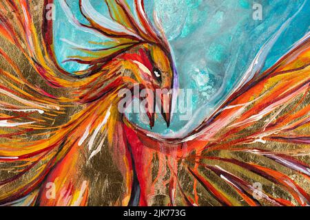 Creative fantasy paint with amazing Fiery gpld Phoenix bird. Stock Photo