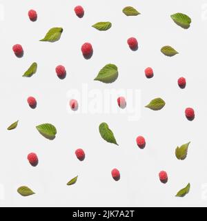 Summer flat lay composition with hard shadow. Berries and raspberry leaves on white background. Stock Photo