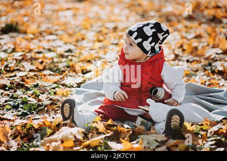 Little cute girl drinks tea from a thermos in the autumn park. Cute little toddler baby with thermos and cup Stock Photo