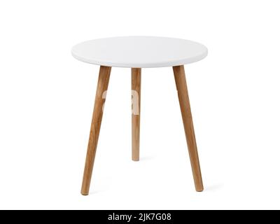 Round coffee table or end table in scandinavian style, isolated on white background with clipping path. Small round white table with 3 wooden legs on white background. Stock Photo