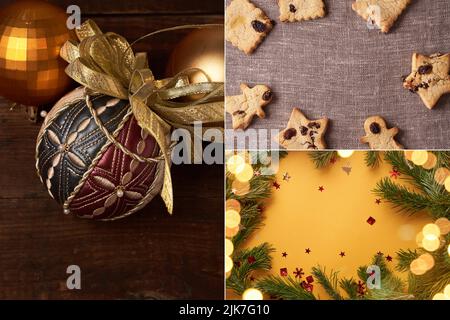 A collage of Christmas cookies, fir branches and a piece of Christmas tree decoration in the form of a ball. Christmas background with copy space. High quality photo Stock Photo