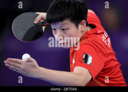 Singapore’s Jian Zeng serves with partner (out of frame) Jingyi Zhou against Australia’s Minhyung Jee and Jian Fang Lay during the Women's Table Tennis Team Semi-Final match between Singapore and Australia at The NEC on day three of the 2022 Commonwealth Games in Birmingham. Picture date: Sunday July 31, 2022. Stock Photo