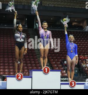 Utah, USA. 30th July, 2022. July 29, 2022: The top 3 all-around finishers Leanne Wong, Shilese Jones, Katelyn Rosen salute the crowd following the 2022 U.S. Classic at the Maverik Center in West Valley City, UT. Kyle Okita/CSM Credit: Cal Sport Media/Alamy Live News Stock Photo