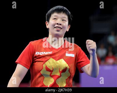 Singapore’s Jian Zeng reacts against Australia’s Minhyung Jee and Jian Fang Lay during the Women's Table Tennis Team Semi-Final match between Singapore and Australia at The NEC on day three of the 2022 Commonwealth Games in Birmingham. Picture date: Sunday July 31, 2022. Stock Photo