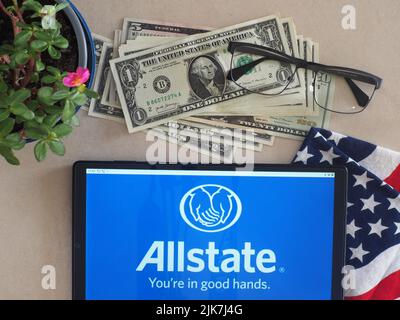 In this photo illustration, Allstate Insurance Company logo seen displayed on a tablet. (Photo by Igor Golovniov / SOPA Images/Sipa USA) Stock Photo