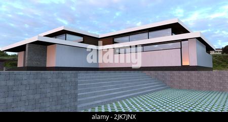 Luxurious country building. The rising sun reflects on the white brick facade. A wide staircase leads to the entrance to the house. 3d render. Stock Photo