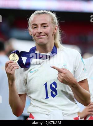 England's Chloe Kelly with her medal following victory over Germany in the UEFA Women's Euro 2022 final at Wembley Stadium, London. Picture date: Sunday July 31, 2022. Stock Photo