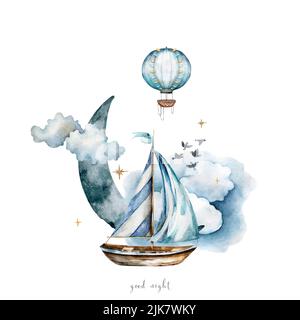 Ship with hot air balloon in the clouds under the moon and birds watercolor illustration. Good night print for wallpaper. Follow your dream Stock Photo