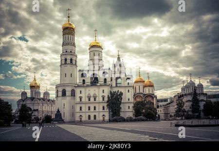 Russian cathedrals and churches at Moscow Kremlin, Russia. Scenery of old Orthodox temples of Moscow, dramatic view of historical landmarks in Moscow Stock Photo