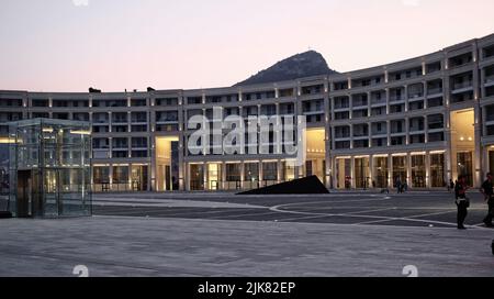 Salerno, the Modern Piazza delle Libertà and the Crescent Palace along the coast of Salerno, Italy. Stock Photo