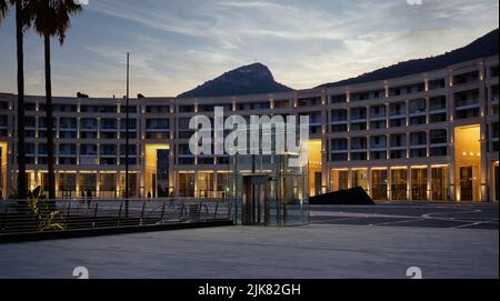 Salerno, the Modern Piazza delle Libertà and the Crescent Palace along the coast of Salerno, Italy. Stock Photo