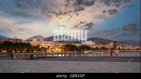 Salerno, the Modern Piazza delle Libertà and the Crescent Palace along the coast of Salerno, Italy. Stock Photo