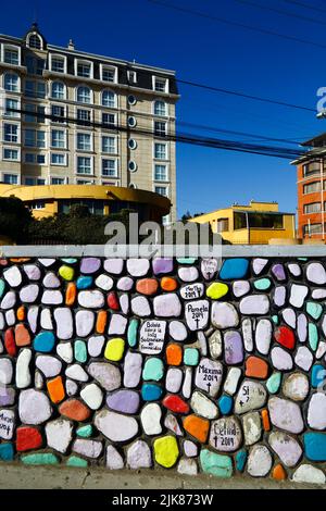 29th June 2022, Calacoto, La Paz, Bolivia. Detail of graffiti murals by feminist groups on a wall in La Paz's Zona Sur district protesting against violence against women, the number of femicides and slowness of the justice system in dealing with cases. Stock Photo