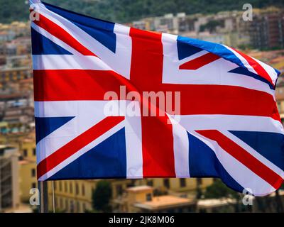 British Union Jack Flag Flying over the Sorrento in Southern Italy Stock Photo