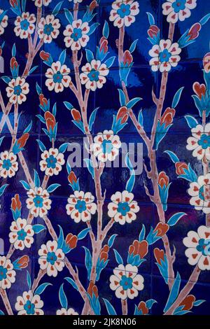 Close-up of details on Iznik Ceramic tiles from Turkey, Montreal Botanical Garden, Quebec, Canada. Stock Photo