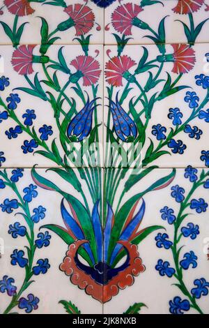 Close-up of details on Iznik Ceramic tiles from Turkey, Montreal Botanical Garden, Quebec, Canada. Stock Photo