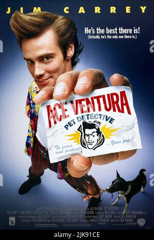 Jim Carrey Poster Film: Ace Ventura: Pet Detective (USA 1994) Characters: Ace Ventura  Director: Tom Shadyac 04 February 1994   **WARNING** This Photograph is for editorial use only and is the copyright of MORGAN CREEK ENTERTAINMENT and/or the Photographer assigned by the Film or Production Company and can only be reproduced by publications in conjunction with the promotion of the above Film. A Mandatory Credit To MORGAN CREEK ENTERTAINMENT is required. The Photographer should also be credited when known. No commercial use can be granted without written authority from the Film Company. Stock Photo