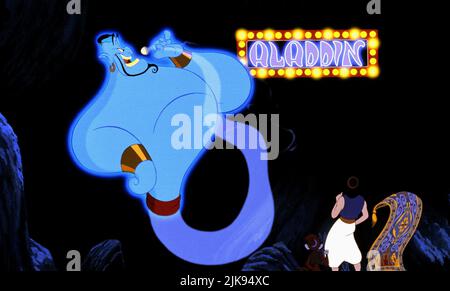 The Genie & Aladdin Film: Aladdin (USA 1992) Characters: Genie &  Director: Ron Clements & John Musker 08 November 1992   **WARNING** This Photograph is for editorial use only and is the copyright of WALT DISNEY PICTURES and/or the Photographer assigned by the Film or Production Company and can only be reproduced by publications in conjunction with the promotion of the above Film. A Mandatory Credit To WALT DISNEY PICTURES is required. The Photographer should also be credited when known. No commercial use can be granted without written authority from the Film Company. Stock Photo