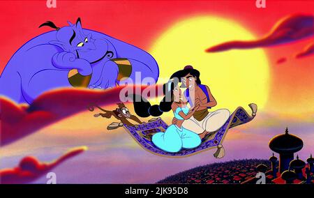 The Genie, Princess Jasmine & Aladdin Film: Aladdin (USA 1992) Characters: Genie,,Princess Jasmine  Director: Ron Clements & John Musker 08 November 1992   **WARNING** This Photograph is for editorial use only and is the copyright of WALT DISNEY PICTURES and/or the Photographer assigned by the Film or Production Company and can only be reproduced by publications in conjunction with the promotion of the above Film. A Mandatory Credit To WALT DISNEY PICTURES is required. The Photographer should also be credited when known. No commercial use can be granted without written authority from the Film Stock Photo