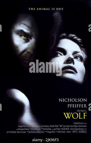 Jack Nicholson & Michelle Pfeiffer Poster Film: Wolf (USA 1994) Characters: Will Randall, Laura Alden  Director: Mike Nichols 17 June 1994   **WARNING** This Photograph is for editorial use only and is the copyright of COLUMBIA PICTURES and/or the Photographer assigned by the Film or Production Company and can only be reproduced by publications in conjunction with the promotion of the above Film. A Mandatory Credit To COLUMBIA PICTURES is required. The Photographer should also be credited when known. No commercial use can be granted without written authority from the Film Company. Stock Photo