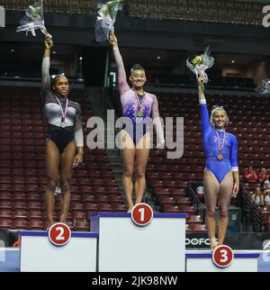 July 29, 2022: The top 3 all-around finishers Leanne Wong, Shilese Jones, Katelyn Rosen salute the crowd following the 2022 U.S. Classic at the Maverik Center in West Valley City, UT. Kyle Okita/CSM Stock Photo